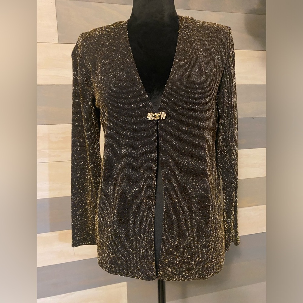 R&K Evening. Dressy jacket, black with gold thread. Gold and rinestone clasp. 6P